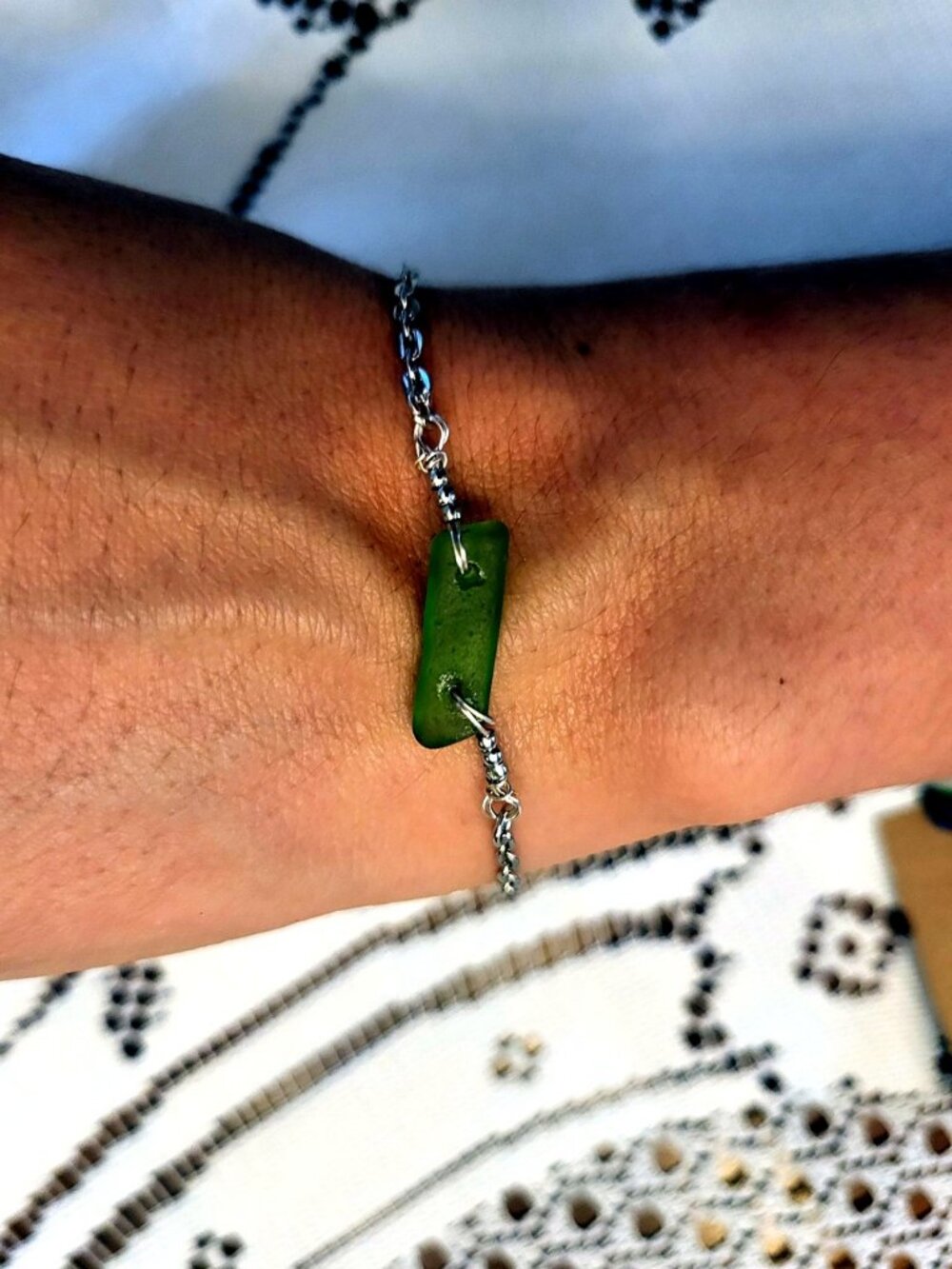 Sea Glass Bracelet – Green Sea Glass, Silver Chain, Handmade Newfoundland